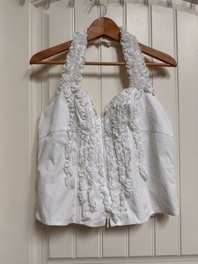 Anne Fontaine Noelise White Cotton Ruffle Halter Top. EU 46/US 14